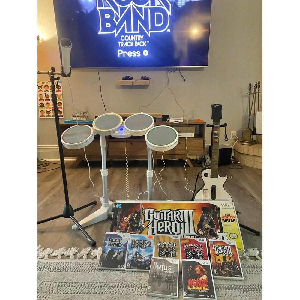 Nintendo Wii Rock Band Bundle -  Guitar, Drums, Mic w 7 games Tested Guitar hero